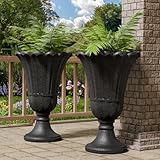 Trygoal 23.6' Tall Plastic Urn Planters for Outdoor Plants, Set of 2 Heavy-Duty Classic Indoor Large Flower Pots with Drainage Holes & Petal Design, Outdoor Planters for Porch, Home Garden, Black