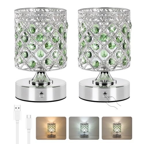 TOBUSA Green Small Crystal Rechargeable Cordless Table Lamps Set of 2