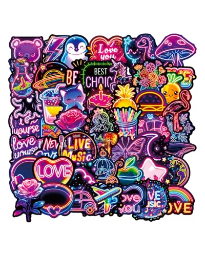 FUGLUS 50 Pcs Cool Neon Stickers, Imperméables Vinyle Autocollant, Autocollant pour Scrapbooking Gourde Valise Cahier Trottinette Journal Ordinateur Portable Skateboard Bouteille etc