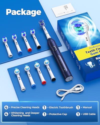 Rotierende elektrische Zahnbürste für Erwachsene mit 8 Bürstenköpfen (2 Typen), 4 Modi Deep Clean elektrische Zahnbürste mit 2m Smart Timer (deep Blue)