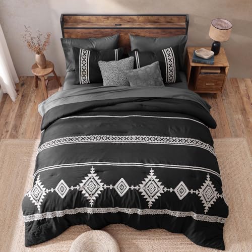 Image of MaiReve Embroidery Queen Comforter Set 7 Pieces Black Bed in a Bag