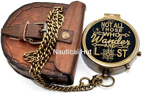 Brújula de latón grabada con estuche de cuero y cadena miniatura 2