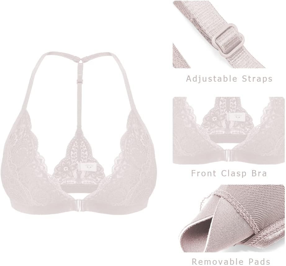SHEKINI Women's Lace Bra Wireless Padded Triangle Bralettes for Women Front Closure Halter Bras for Women image 4