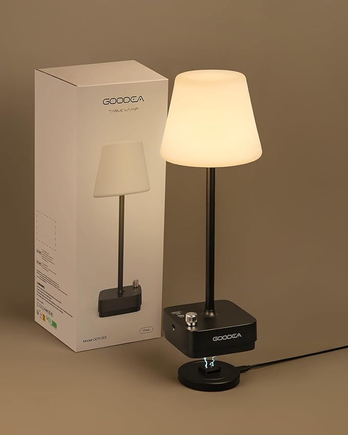Goodea Cordless Table Lamp with Charging Base, Rechargeable 6000mAh Battery Operated Lamp, 3 Color Dimmable Smart Portable Table Light for Restaurant, Bedroom, Home, Kitchen Counter (White lampshade)
