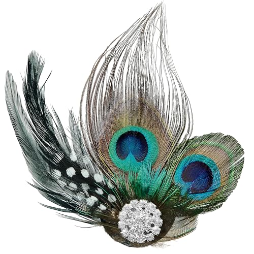 Balinco Pfauenfedern Haarschmuck mit Silber-Brosche für Damen, 1920er Flapper Kostüm Haarreif für Halloween, Karneval, Fasching oder Party