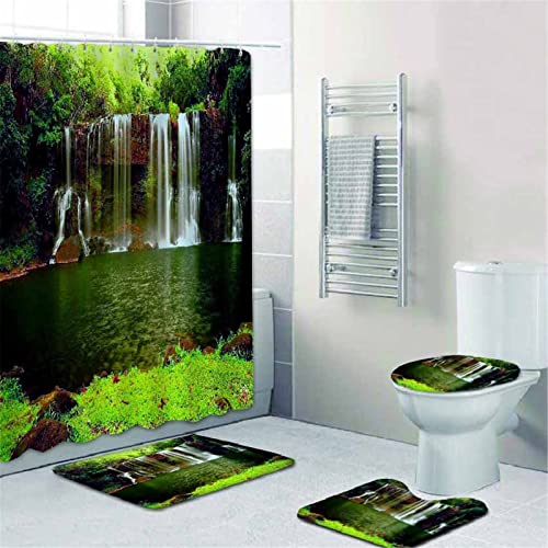 Fgolphd Shower Curtain Waterfall Landscape Format 180 x 200 180 x 180 cm Beach Colourful Bathroom Rug 4-Piece Set Shower Curtains Waterproof (4.180 x 180 cm)