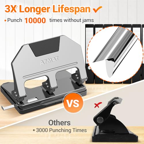 Image of AFMAT 3 Hole Punch, 9 /32 inch Hole Diameter, 40-Sheet 3 Hole Puncher for Binder, 50% Reduced Effort, Metal Heavy Duty Hole Puncher w / 10,000+ Uses, Bulit-in S.S. Paper Guide, Large Chip Tray, Gray, HPX3
