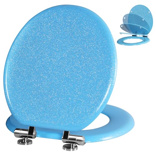 Angol Shiold Glitter Toilet Seat Molded Wood Round Toilet Seat with Quietly Close and Quick Release Hinges Easy to Clean also Easy to Install (Round 16.5 Blue)
