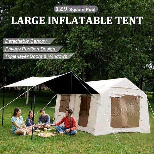 SENLEETO 10-12 Person Large Inflatable Tent for Camping,Blow up Tents with Canopy,10 * 13ft Inflatable House Tent with Stove Jack, Easy Setup Inflatable Camping Tent,4 Season Glamping Tents