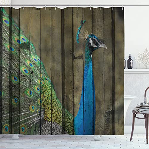 Ambesonne Peacock Shower Curtain, Male Bird Mural on The Wall Royal Mythological Animal Represents Patience Symbolism of an Artwork, Cloth Fabric Bathroom Set with Hooks, 69" W x 70" L, Brown Green