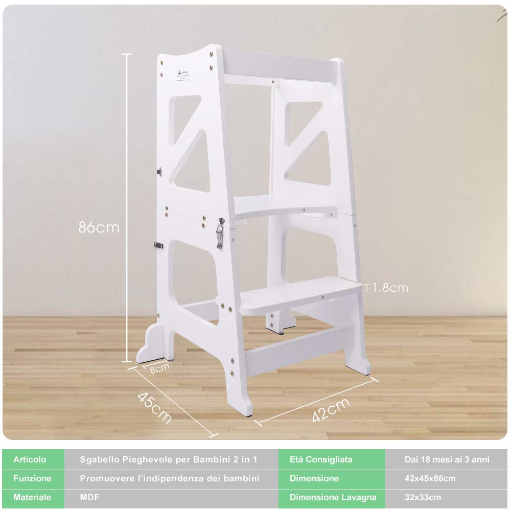 YOLEO Torre Montessoriana Bambini 3 in 1 Pieghevole Multifunzionale Learning Tower con Lavagna Magnetica Bifacciale Bianco