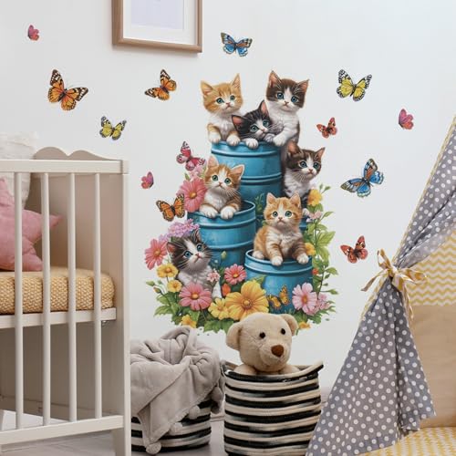 Vinilos Decorativos Kittens con Mariposas y Flores miniatura 5