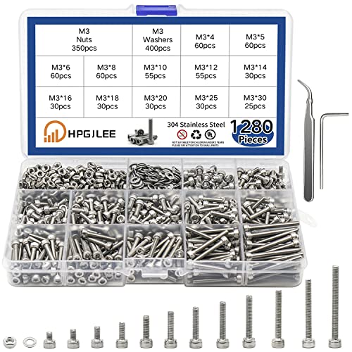 1280 Pcs for M3 Stainless Steel 304 Hexagon Heads Cap Screws Bolts Nuts Washers Assortment Kit(M3 1280Pcs)