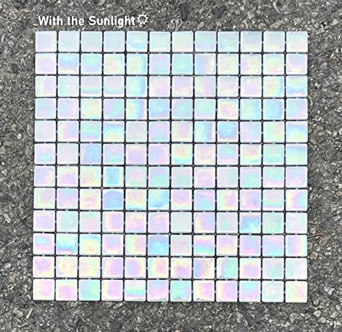 Tenedos Square Iridescent Recycled Glass Mosaic Floor And Wall Tile For Kitchen Backsplash, Swimming Pool Tile, Bathroom Wall, Accent Wall, (Not Peel And Stick Tile) (1 Sheet, White) #TOP3