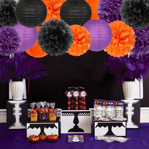 Image of Purple-Orange Black Party-Decorations Paper-Flowers Lanterns - 15PCS Halloween Tissue Pom Poms Streamers,Vintage Birthday Retro Baby Bridal Shower Wedding Bachelorette Hanging Supplies Decor Hugfond