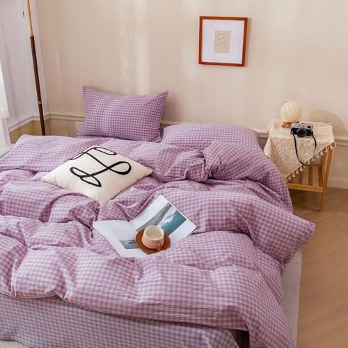 Image of mixinni Purple Gingham Grid Duvet Cover Full, 100% Washed Cotton Modern Geometric Bedding Set with 2 Pillowcases, Farmhouse Style Yellow Plaid Comforter Cover Set for Men & Women, Soft & Lightweight