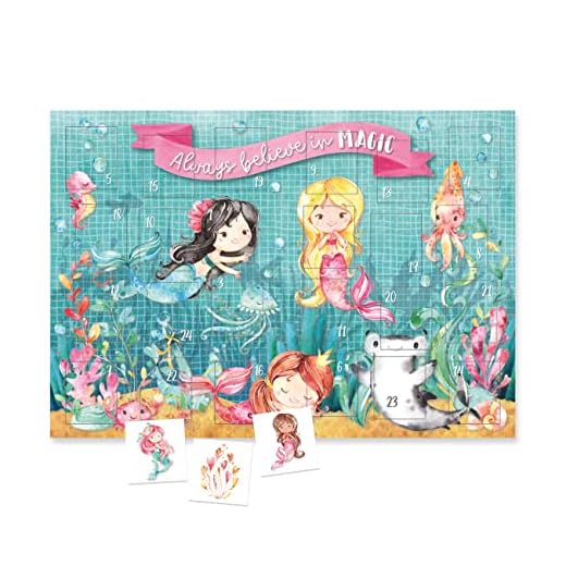 Papierdrachen Calendario de Adviento con tatuajes infantiles para pegar de Alemania, tatuajes con sirena y otros diseños adecuados para niños, calendario de Navidad para niños, vegano, juego de sirena