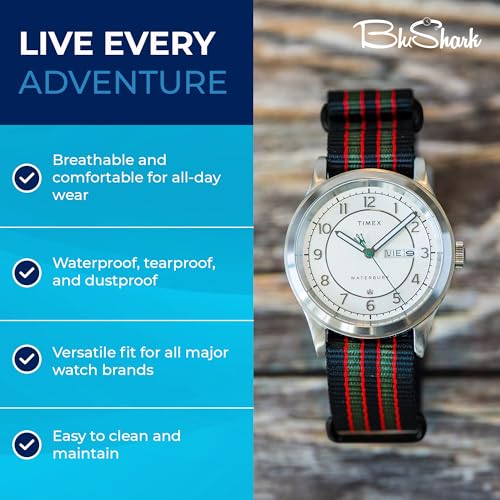 Image of BluShark - Original Collection Military-Style Waterproof Watch Strap, Fits All Timepiece Brands, Durable Nylon Wristwatch Accessories with Stainless Steel Buckle - 18mm, 20mm, 22mm & 24mm Watch Bands