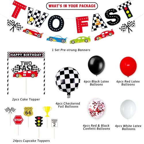 Bessmoso Two Fast Race Birthday Decorations 52 Pcs Racing Car Party Supplies 2nd Fast Birthday Decorations Include Race Car Balloons Banner Cake Topper Cupcake for Racing Theme Party Decoration - image 3