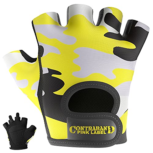 Contraband Pink Label 5217 Women's Design Series Camo Print Lifting and Rowing Gloves (Pair) - Lightweight Vegan Medium Padded Microfiber Amara Leather w/Griplock Silicone (Yellow, Small)