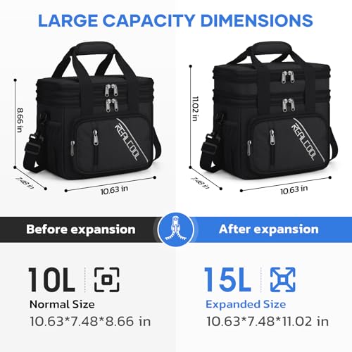 RealCool Lunch Bag, 15L Insulated Lunch Box for Men Women, Double Deck Leakproof Soft Cooler Bag with Adjustable Strap, Reusable Lunchbox for Work, Travel, Camping, Black by RealCool - Image 4