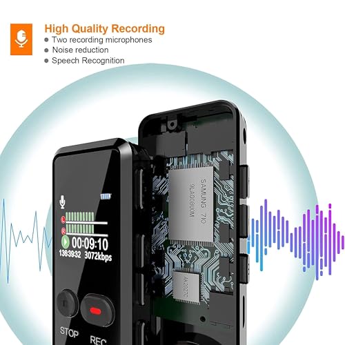 Liebssen Digitales Diktiergerät 8GB 1536kbps hohe Aufnahmequalität Geräuschreduzierung One-Touch-Aufnahme,Spracherkennung, MP3, Aufnahmegerät für Vortrag, Vorlesung, Interview, Meeting usw.