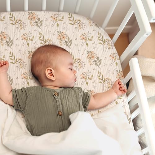 Image of lulumoon Baby Bassinet Sheets Muslin: Cotton Bedside Bassinet Sheets Floral for Girls - Fitted for Bedside Sleeper Mattress