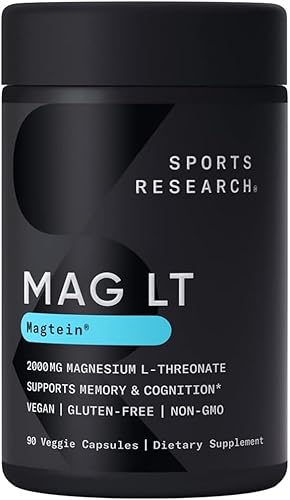 Sports Research Magtein Magnesium L-Threonate Capsules - Magnesium Supplement for Memory, Focus & Cognition - Magnesium L Threonate Supports Brain Health, Sleep & Mood - 2000mg, 90 Capsules for Adults