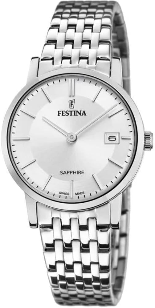 Festina SWISS MADE Orologio analogico da donna Acciaio inossidabile 316L Argento – Movimento al quarzo – Vetro zaffiro resistente – Impermeabile 5 ATM – Calendario F20019/1 – Acciaio classico