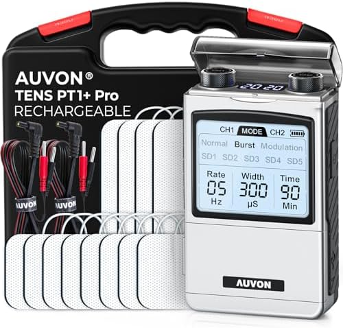 AUVON Rechargeable TENS Machine EMS Muscle Stimulator, Digital TENS Unit with 8 Customizable Modes, Electronic Massager for Sciatica, Shoulder & Back Pain Relief, 12 Pads, A Carry Case
