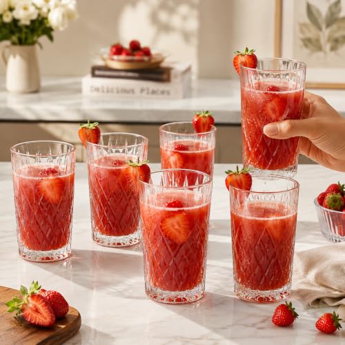 Image of bellemax 278 ML Checkered Design Water & Juice Glasses | Premium Drinking Glasses for Water, Juice, Cold Drinks & Beverages | Stylish Glass Tumblers for Home, Kitchen Set of 6