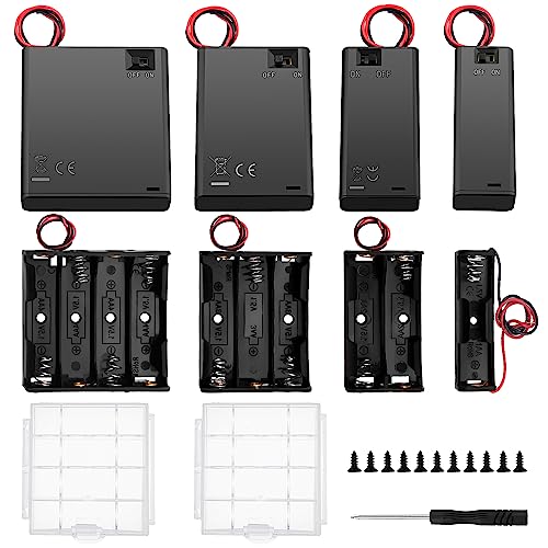 8 Pièces AA Support de Batterie Kits, KUOQIY 1/2/3/4 x 1.5V AA Boîtier de batterie avec Couvercle et Interrupteur On/Off, avec Boîte à Piles en Plastique...