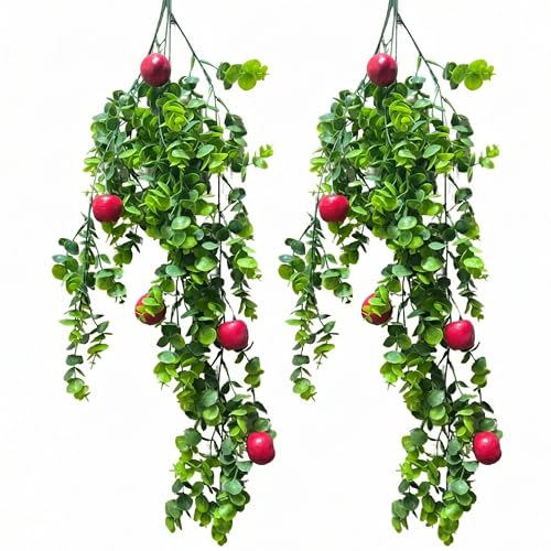 Image of Dekorly 2 Pack Artificial Plants Artificial Hanging Plants Faux Eucalyptus Leaf Greenery Fake Hanging Eucalyptus Plant (Green) (2, Cherry)