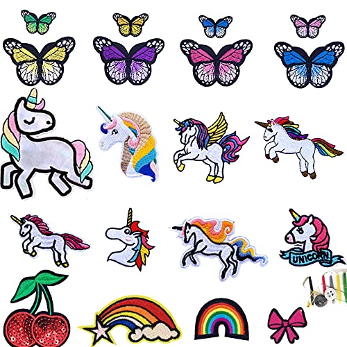 BOYATONG 20 pcs Patch Thermocollant,Patch Autocollant Vêtement, Patch Autocollant Vêtement Patches licorne Papillon Arc-en-Ciel Nœud Fruits Accessoire Bricolage
