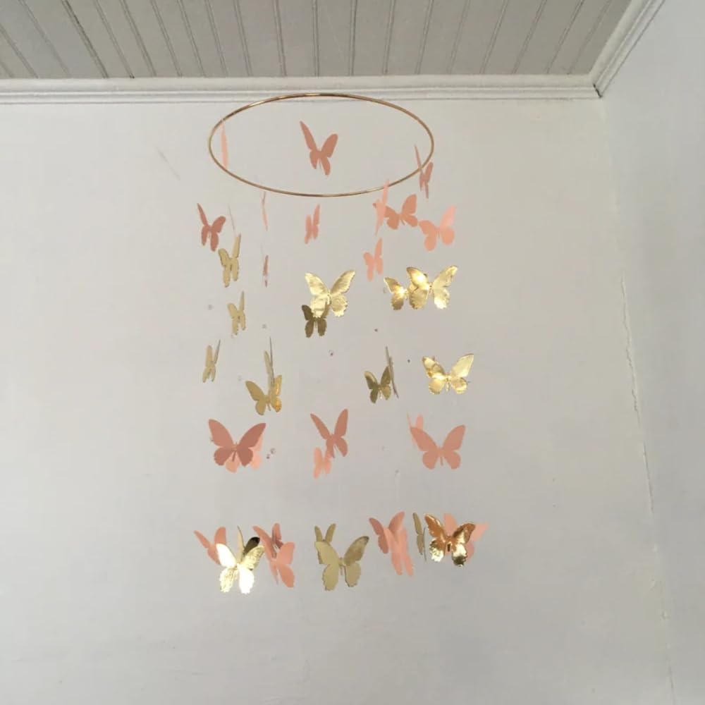 Peach and Gold Butterfly Mobile, 30" Hanging Mobile for Adult, Modern Style Mobiles, Butterfly Wall Decor, Kit Mobiles for Bedroom Living Room Home Decor (10 inch Ring)