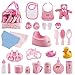 deAO 28-częściowa torba na akcesoria dla lalek z akcesoriami do karmienia niemowląt, ubraniami, lalką misiem, zabawkami do kąpieli, smoczkiem i nie tylko – świetna zabawka dla dzieci!