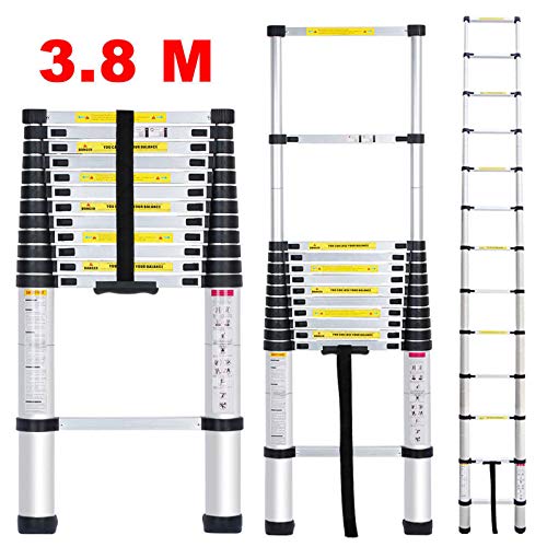 Bowoshen Telescoping Extendable Ladder 12.5Ft 12 Steps 330Lb Max Load Capacity En131 Certificated Heavy Duty Step Extension Aluminium Ladder thumb #3