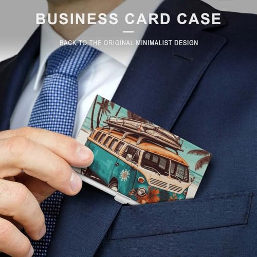 Business Card Holder Old Bus with Surfboard Business Card Case Slim Business Card Organizer with Magnetic Shut Professional Metal Name Card Holder Carry-on Pocket Wallet for Men Women3