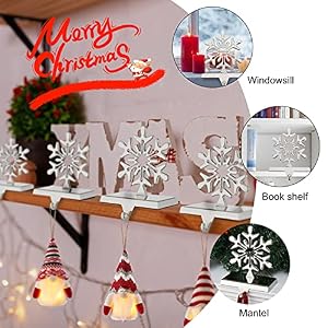 Snowflakes Christmas Stocking Hanger 4 Pack Metal Stocking Holder Stand 3D Sliver Sturdy Stocking Hook Christmas Ornaments for Tables Window Fireplace Mantle Home Decoration