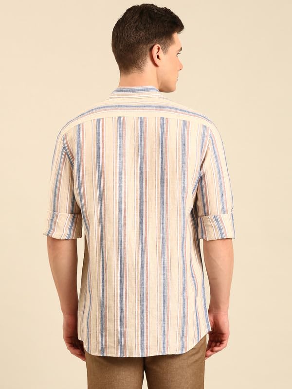Image of Linen Club Men's Pure Linen Striped Contemporary Fit Full Sleeve Casual Shirt