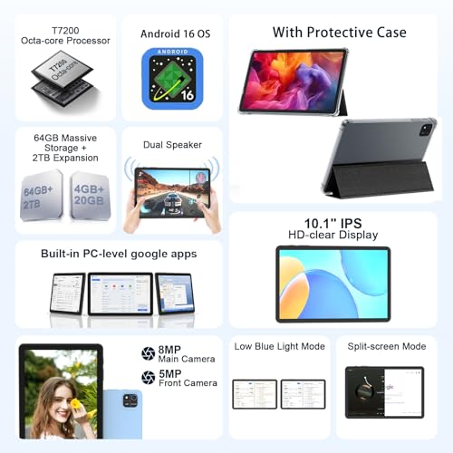 EHFiDC Tablet 10 Inch, Android 16 Tablets with Octa-Core Processor, 24GB RAM 64GB Storage 2TB Expandable, 1280x800 IPS HD Display, GPS, 5MP+8MP Dual Camera, 6000mAh Battery, Tablet with Case, Blue by EHFiDC - Image 2