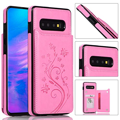QFUN Back Wallet Case for Samsung Galaxy S10 with Stand, Elegant Embossed Design [Butterfly Flower] Lightweight Slim Fit Leather Phone Case with Card Holder Protective Bumper Flip Cover - Pink