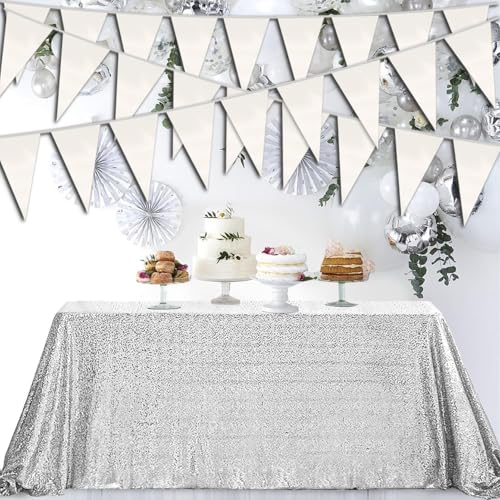 Image of 40M /130FT White Triangle Pennant Banner Flag Metallic Fabric Bunting Garland for Christmas Graduation Wedding Engagement Anniversary Bachelorette Birthday Bridal Shower Valentines Hen Party Supplies