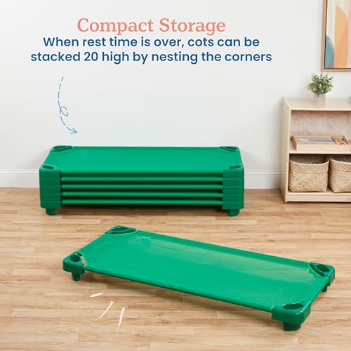 Image of ECR4Kids Stackable Kiddie Cot, Ready-to-Assemble, Standard Size, Classroom Furniture, Green, 6-Pack