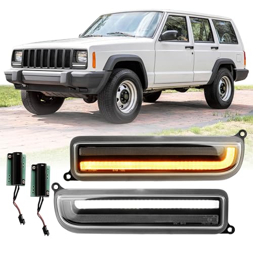 USR 97-01 XJ SUV Turn Signal Light – Front Sequential Signal Lamps (Left + Right) Pair - Compatible with 1997-2001 Jeep Cherokee XJ SUV All Models (BLACK HOUSING w/LED AMBER-WHITE DRL SWITCHBACK)