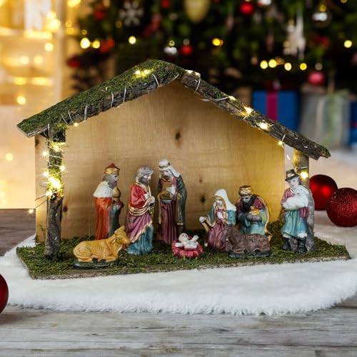 Moderne Holzkrippe 31 Dekoleidenschaft LED Weihnachtskrippe aus Holz, Holzkrippe mit Moos +...