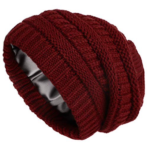 Winter Knit Beanie For Women Satin Lined Cable Thick Chunky Cap Mens Soft Slouchy Warm Hat Wine Red #TOP15