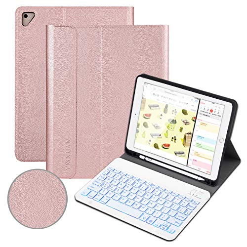 Funda con teclado retroiluminado 9.7 para iPad 2018 (6ª generación), iPad 2017 (5ª generación), iPad Pro 9.7-iPad Air 2/Air, teclado Bluetooth inalámbrico desmontable, soporte para lápices (oro rosa)