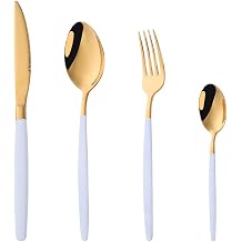 Steak Knife, Dinner Fork, Dinner Spoon, Coffee Spoon, 4-Piece Cutlery Set, Stainless Steel, Mirror Finish White/Gold ..