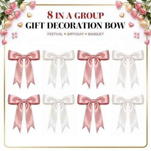 2 Strings Pink White Bow Garland Banner Decorations, Pre-Strung Satin Ribbon Bows for Birthday, Baby Shower, Bridal Shower, Coquette Girls Room, Bow Themed Party, Wedding, Christmas Tree Decorations — view 2